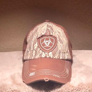 Ariat Ladies Distressed Brown Lace Embroidery Hat Baseball Cap